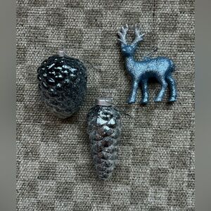 Three Blue and Silver Sparkly Holiday Christmas Ornaments from Target pine cones